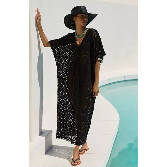 Anthropologie Dolman Sleeve Sheer Crochet Cover Up Maxi Dress Black Women's XS - Picture 1 of 7